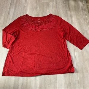 St John’s Bay Red Lace Neck 3/4 Sleeve Top - Size 1X.